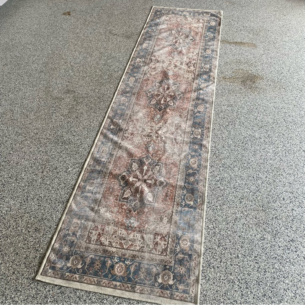 Ruggable Vintage-Inspired Blue and Rust Runner Rug - 2.5 x 10, no pad, cover